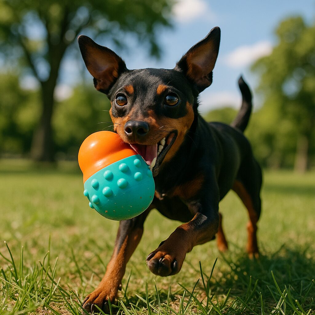 Miniature Pinscher jouant avec un jouet interactif dans un parc