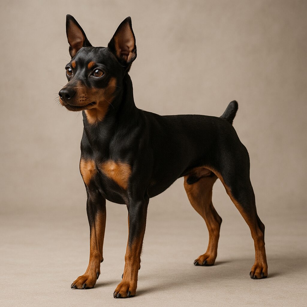 Miniature Pinscher debout, port de tête fier et regard attentif