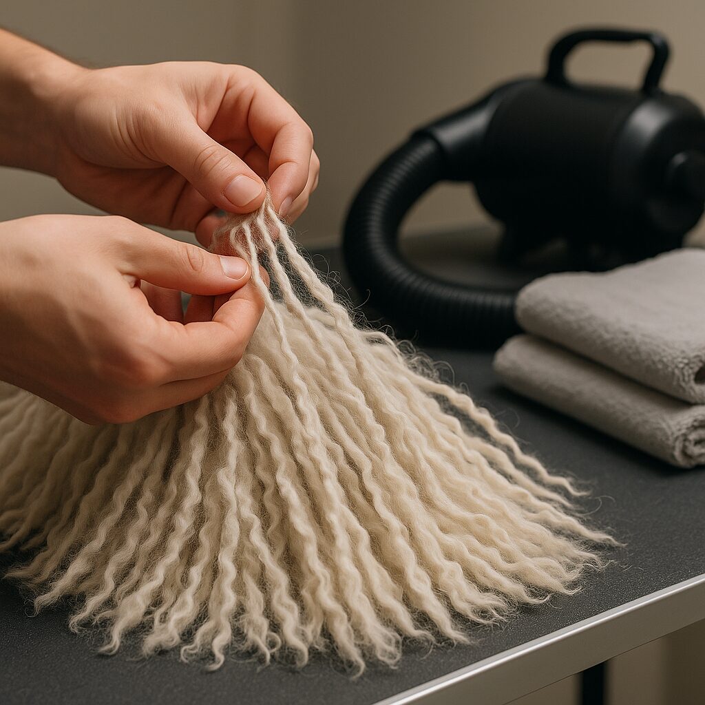 Séparation manuelle des cordes du Komondor après le bain, étape clé du toilettage.