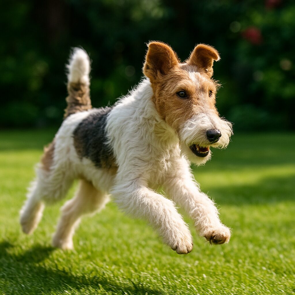 Wire Fox Terrier courant dans un jardin verdoyant